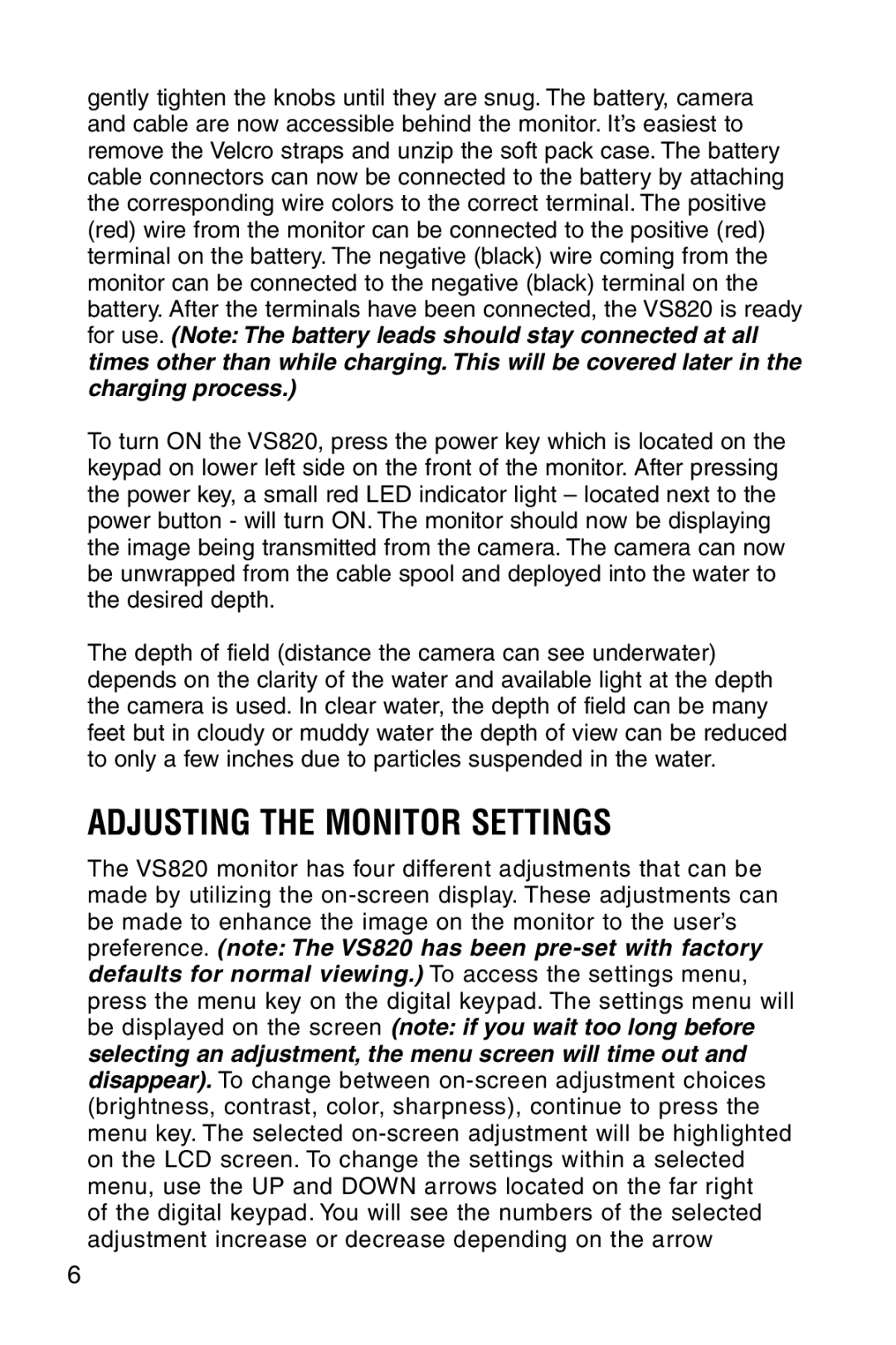 Marcum Technologies VS820 manual Adjusting the Monitor Settings 