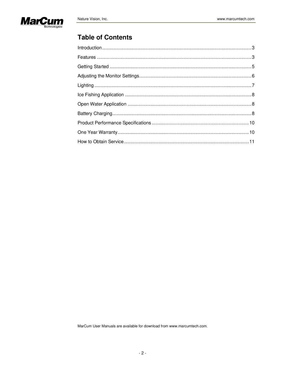 Marcum Technologies VS825 manual Table of Contents 