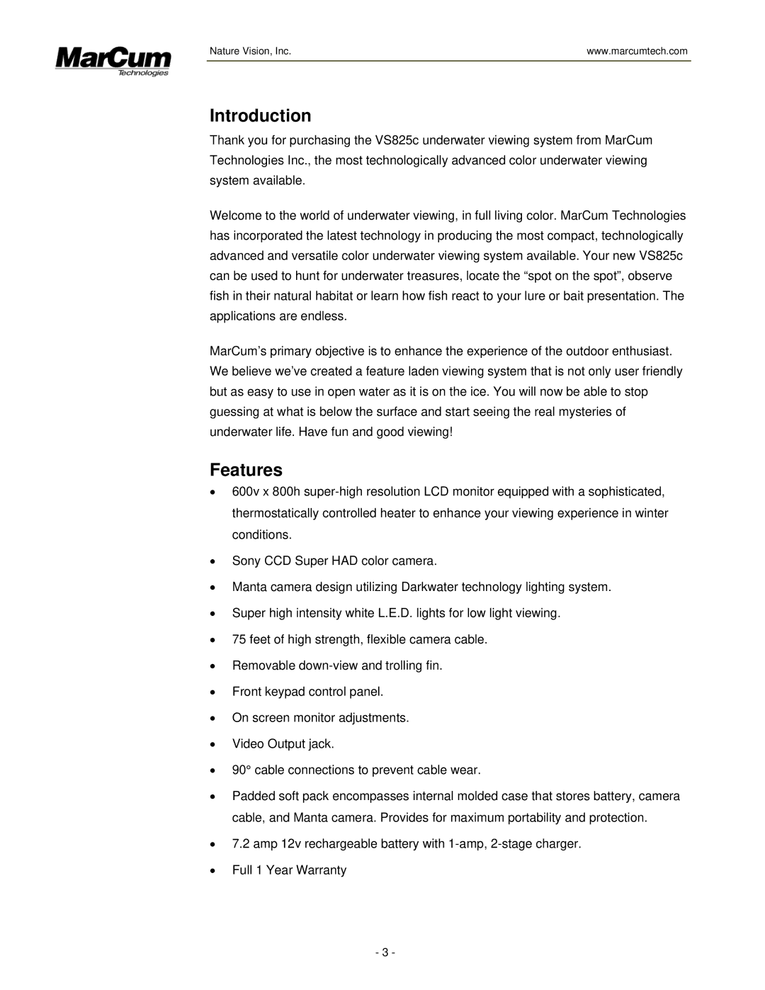 Marcum Technologies VS825 manual Introduction, Features 