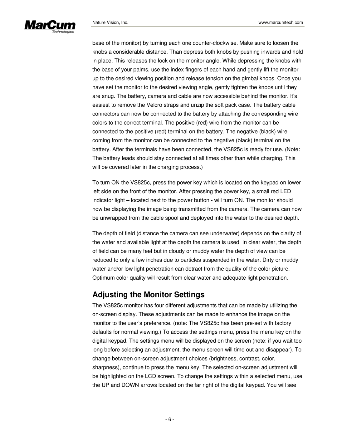 Marcum Technologies VS825 manual Adjusting the Monitor Settings 