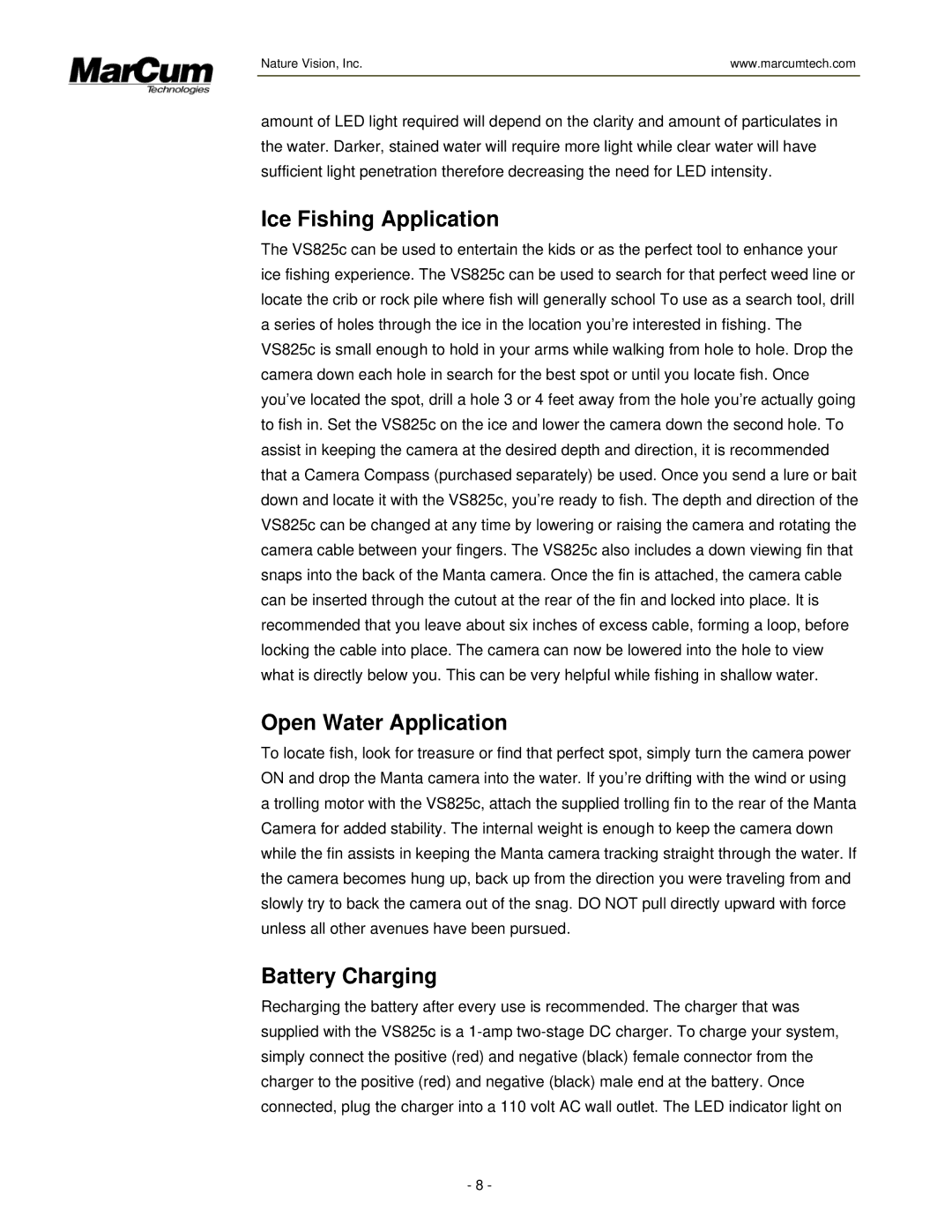 Marcum Technologies VS825 manual Ice Fishing Application, Open Water Application, Battery Charging 