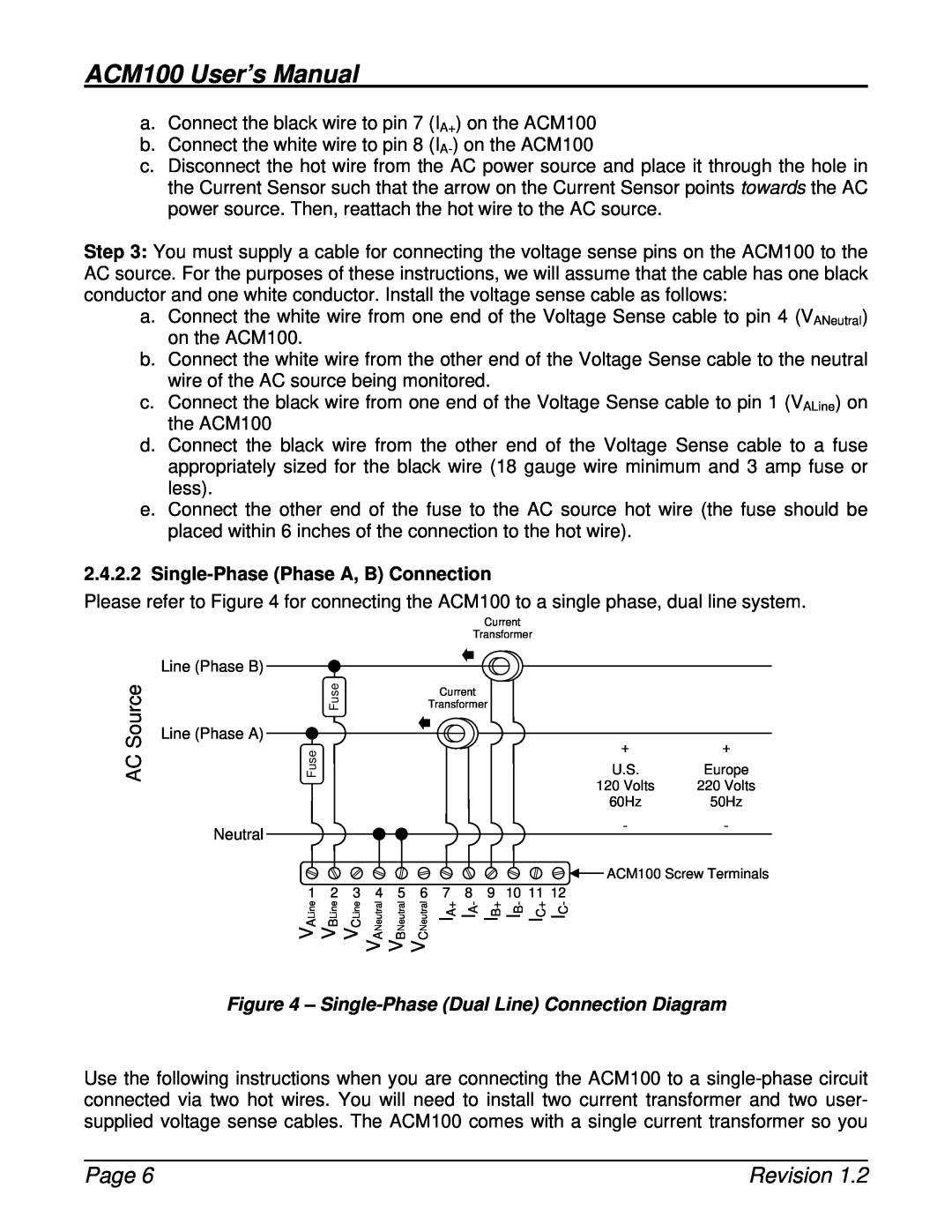 Maretron user manual Single-Phase Phase A, B Connection, ACM100 User’s Manual, Page, Revision 