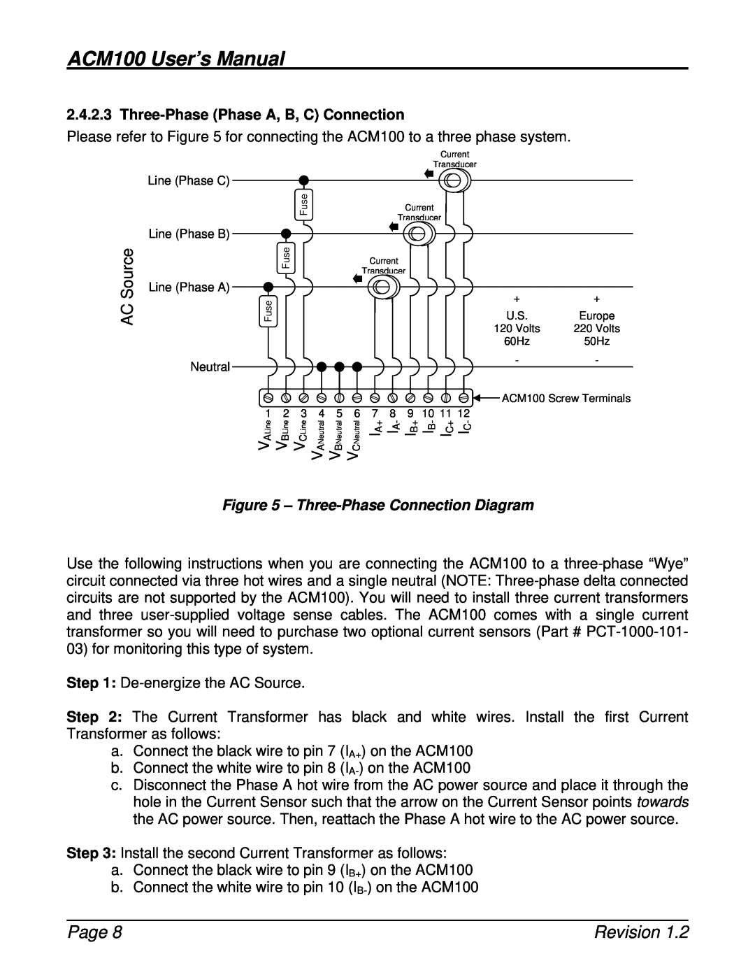 Maretron Three-Phase Phase A, B, C Connection, ACM100 User’s Manual, Page, Revision, Three-Phase Connection Diagram 