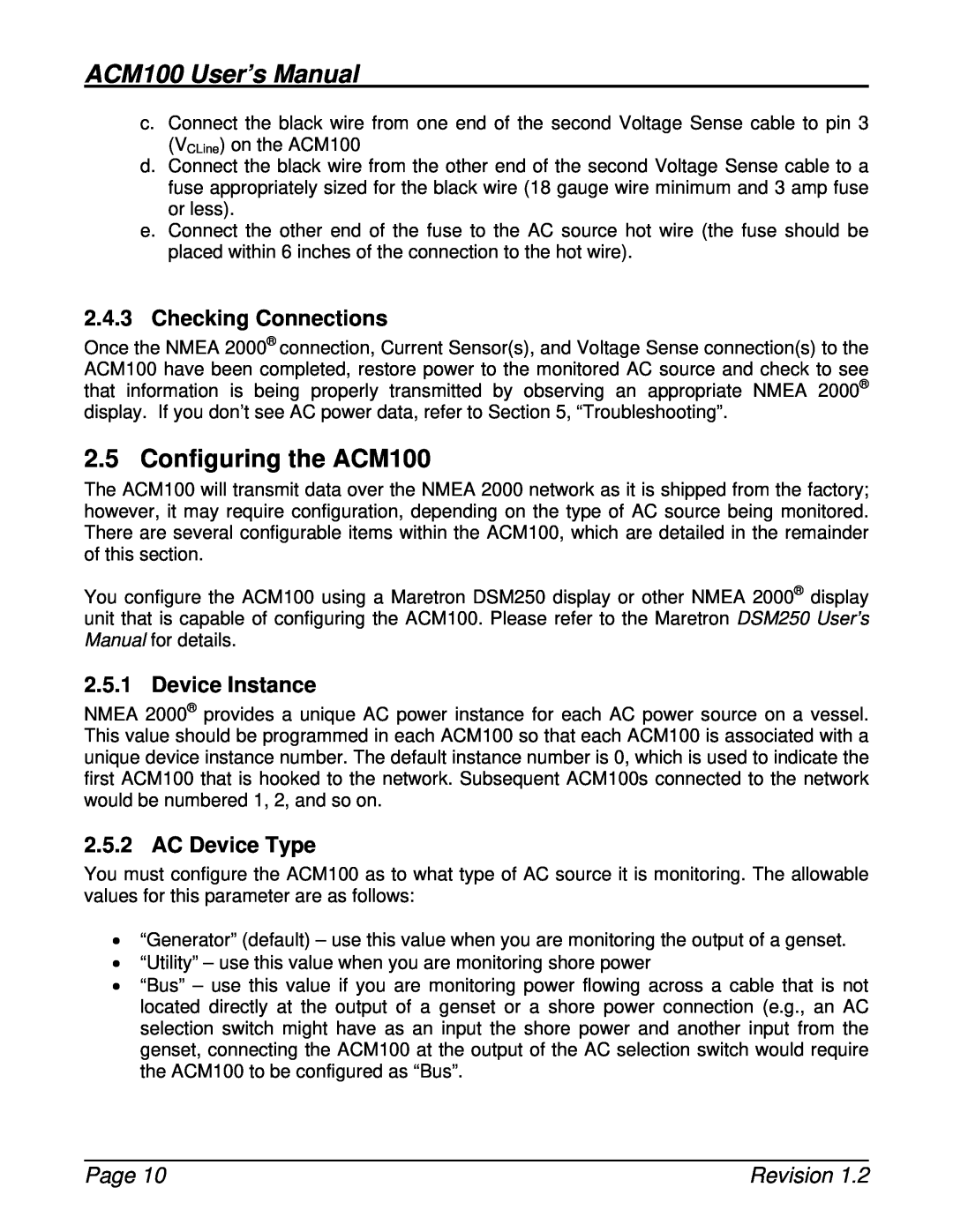 Maretron Configuring the ACM100, Checking Connections, Device Instance, AC Device Type, ACM100 User’s Manual, Page 