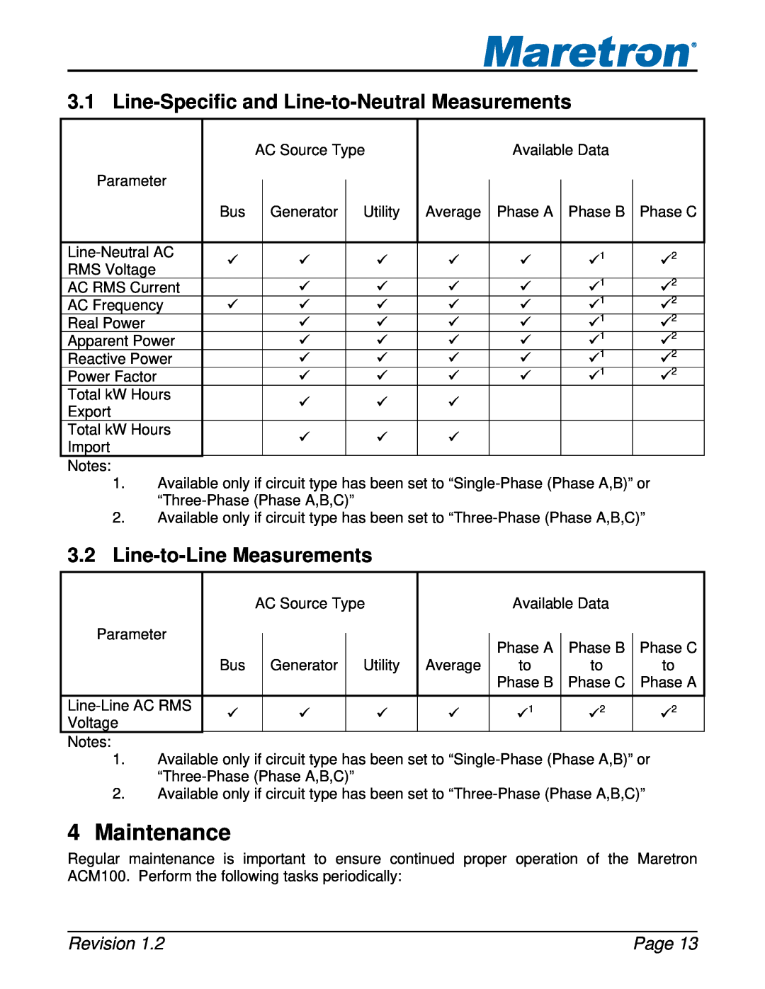 Maretron ACM100 Maintenance, Line-Specific and Line-to-Neutral Measurements, Line-to-Line Measurements, Revision, Page 