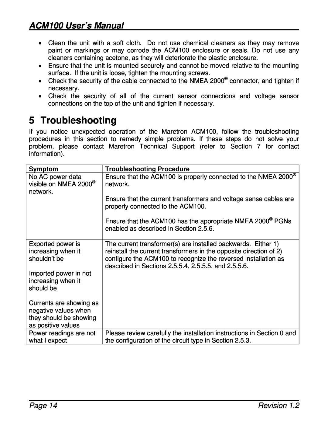 Maretron user manual Symptom, Troubleshooting Procedure, ACM100 User’s Manual, Page, Revision 