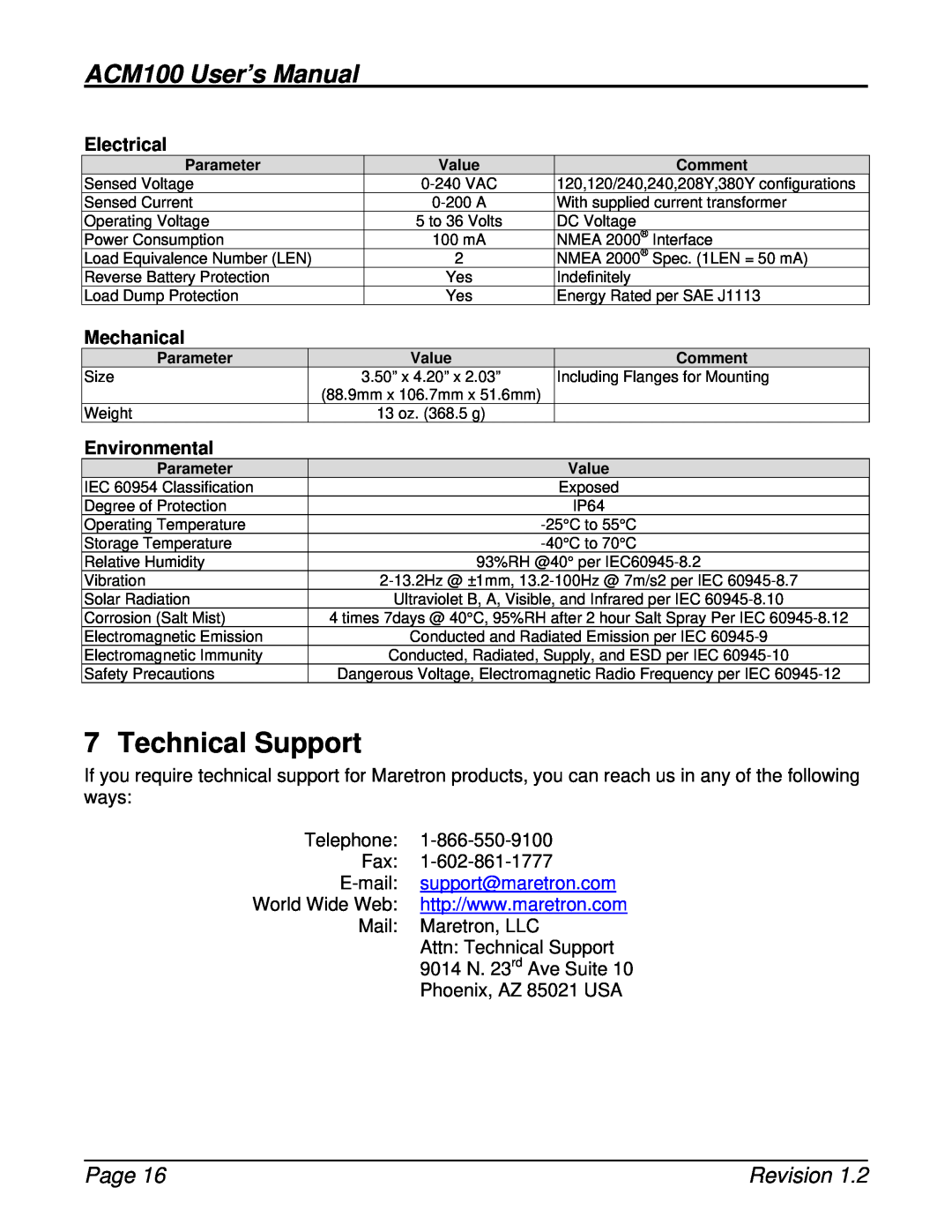Maretron user manual Technical Support, Electrical, Mechanical, Environmental, ACM100 User’s Manual, Page, Revision 