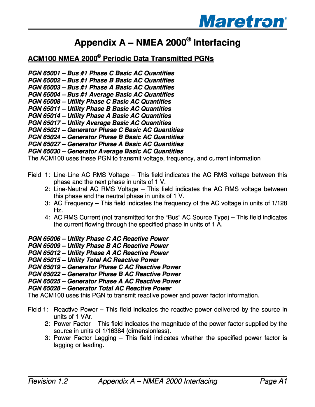 Maretron Appendix A - NMEA 2000 Interfacing, ACM100 NMEA 2000 Periodic Data Transmitted PGNs, Page A1, Revision 