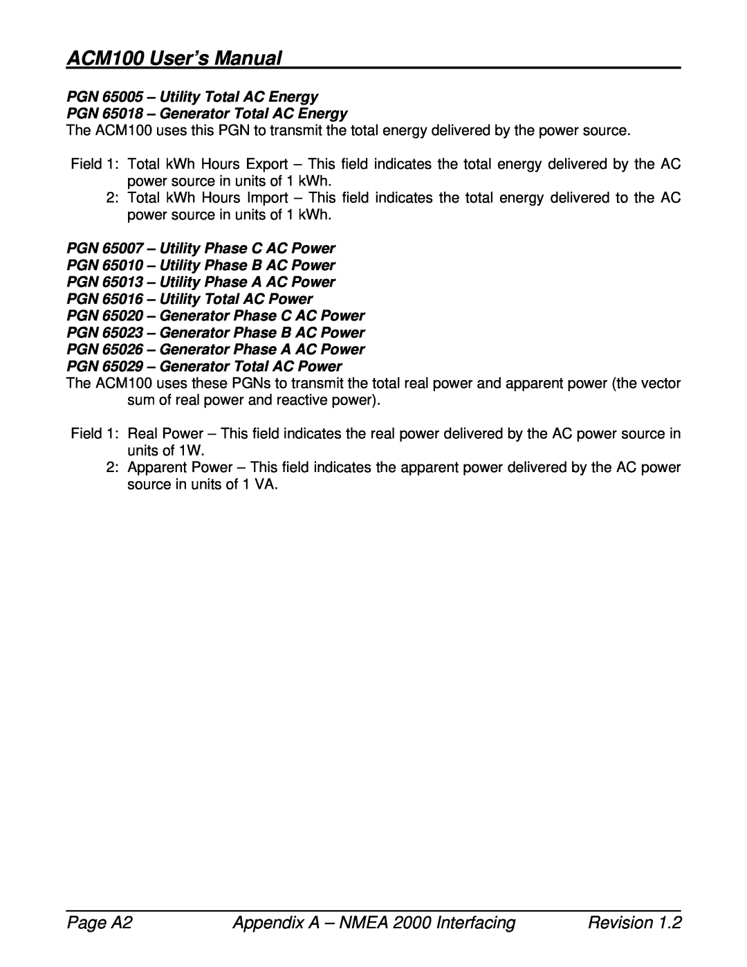 Maretron user manual Page A2, ACM100 User’s Manual, Appendix A - NMEA 2000 Interfacing, Revision 