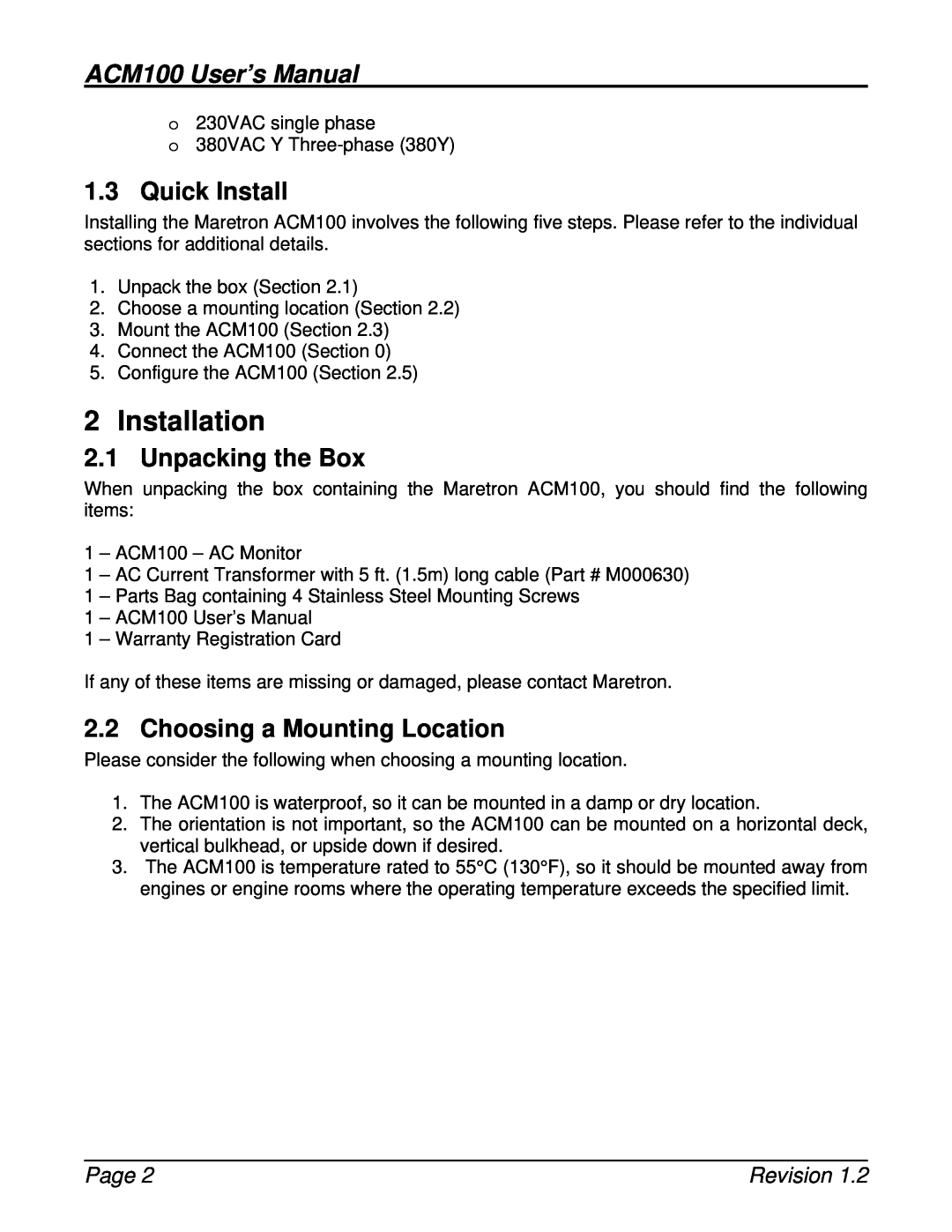 Maretron Installation, Quick Install, Unpacking the Box, Choosing a Mounting Location, ACM100 User’s Manual, Page 