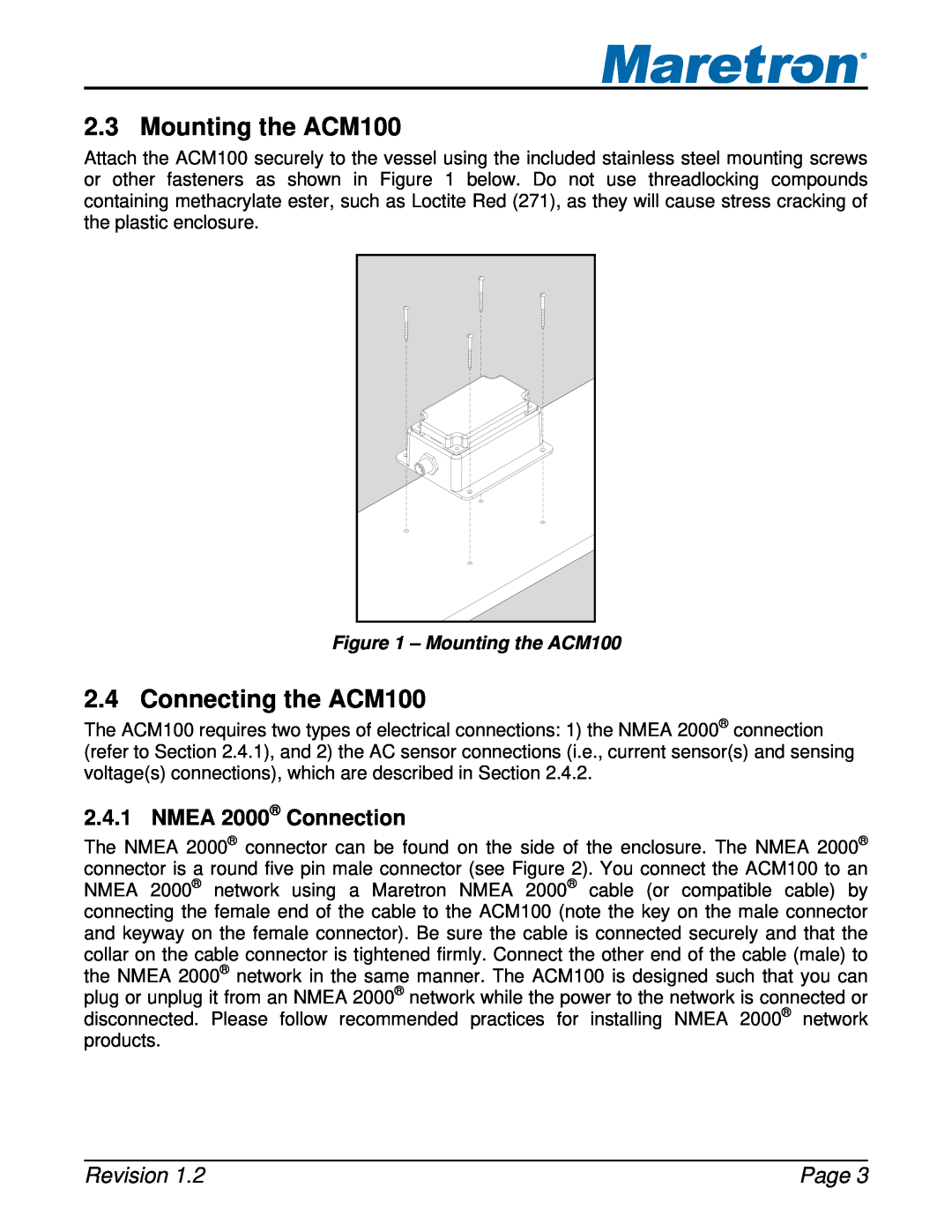 Maretron user manual Mounting the ACM100, Connecting the ACM100, NMEA 2000 Connection, Revision, Page 