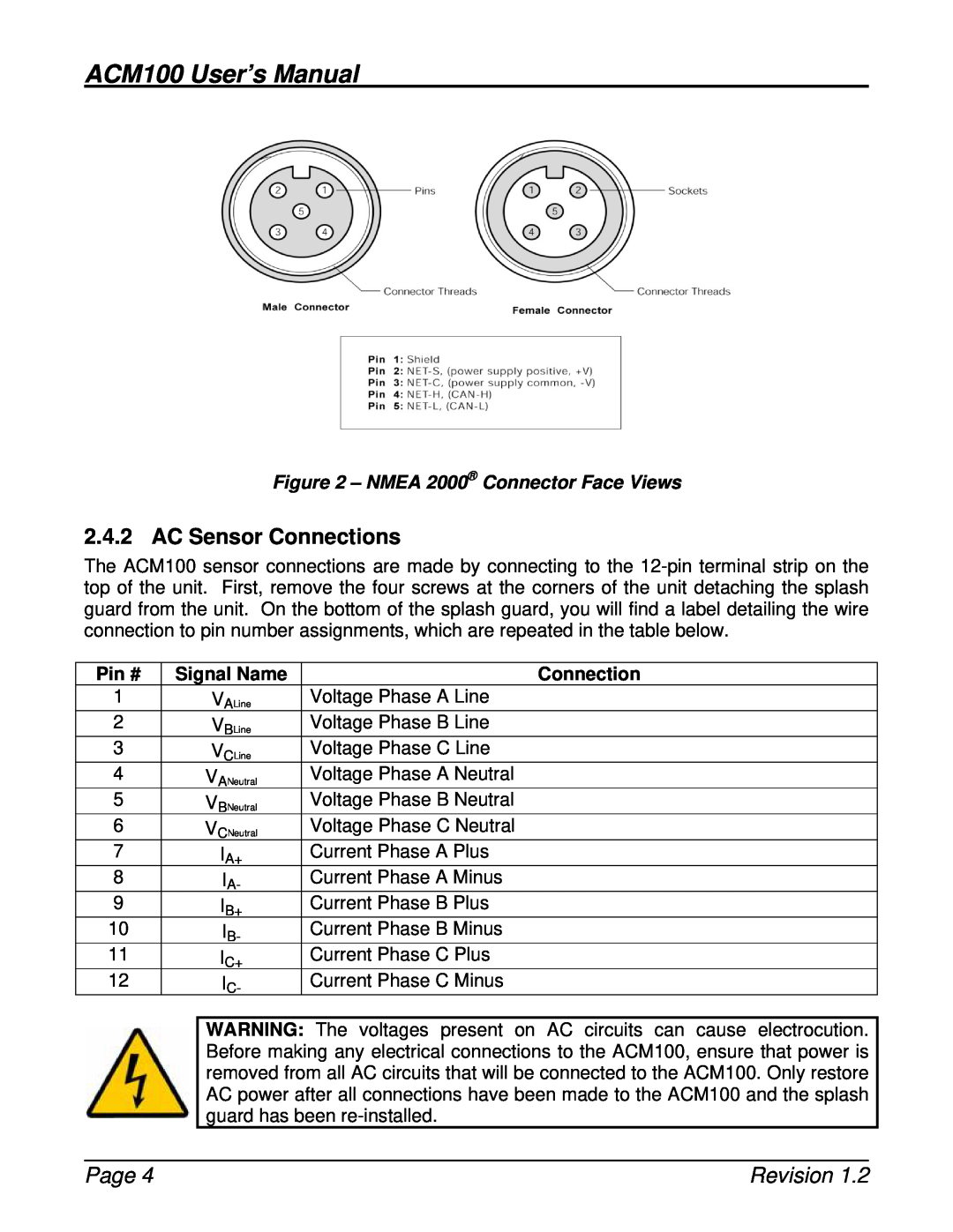 Maretron user manual AC Sensor Connections, Pin # Signal Name, ACM100 User’s Manual, Page, Revision 