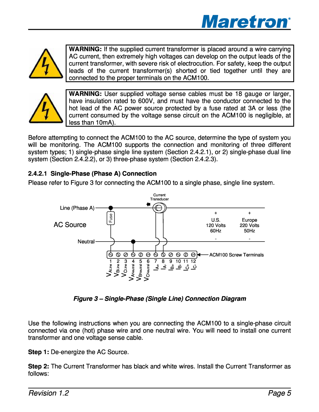 Maretron ACM100 user manual AC Source, Single-Phase Phase A Connection, Revision, Page 