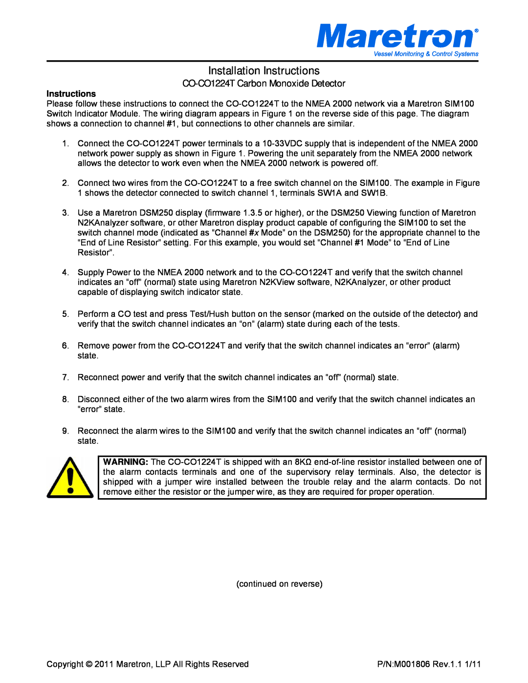 Maretron installation instructions CO-CO1224TCarbon Monoxide Detector, Installation Instructions 