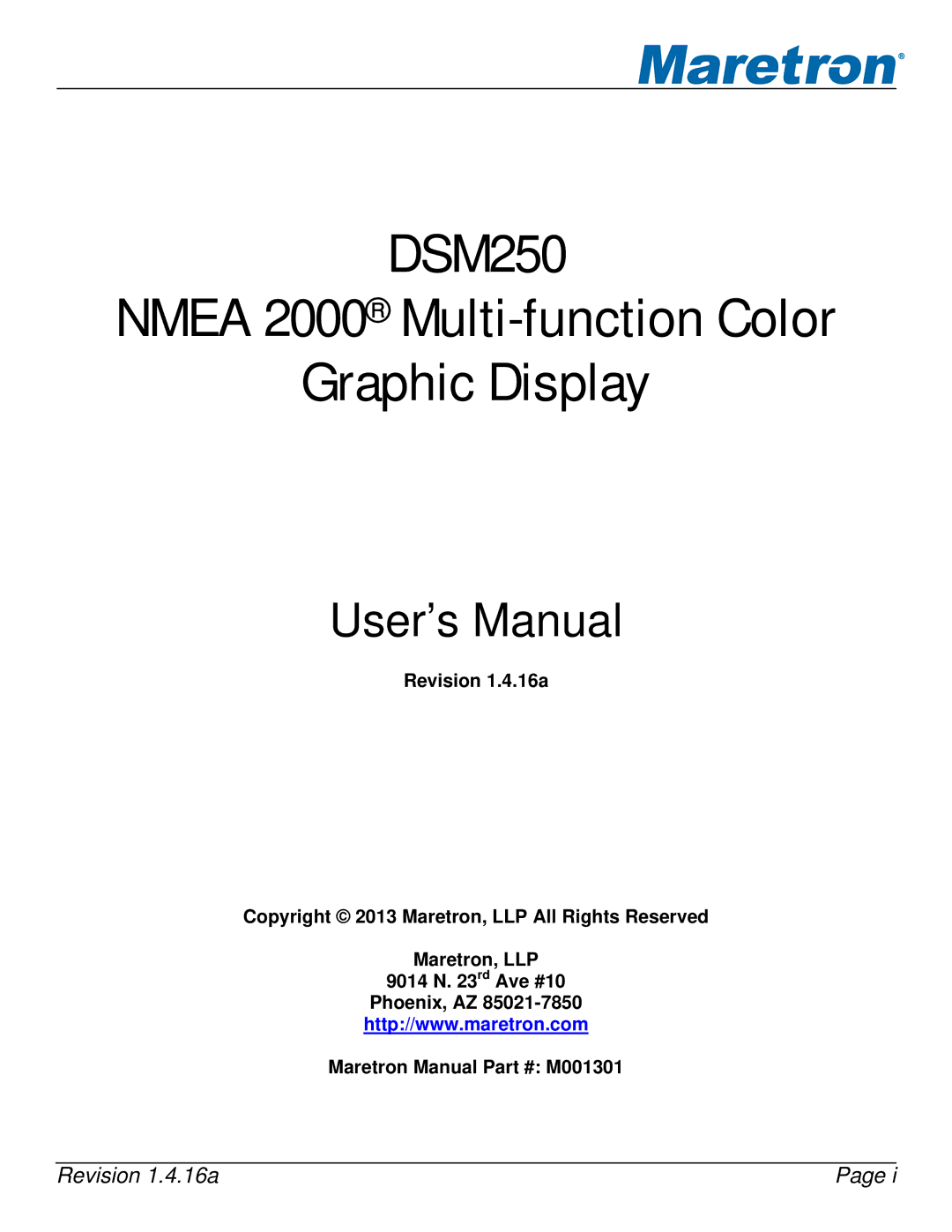 Maretron DSM250-01 user manual DSM250 Nmea 2000 Multi-function Color Graphic Display 