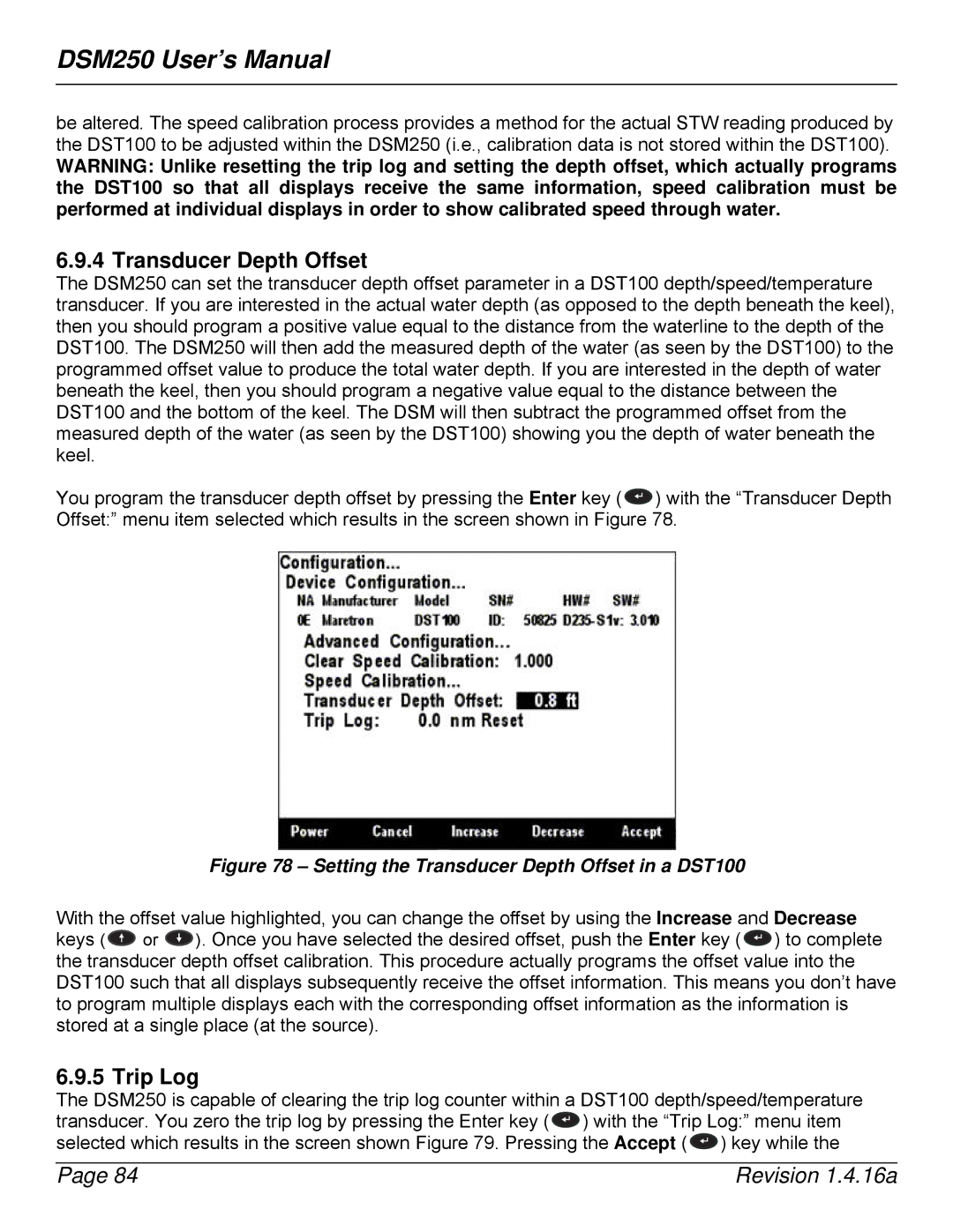 Maretron DSM250-01 user manual Setting the Transducer Depth Offset in a DST100 