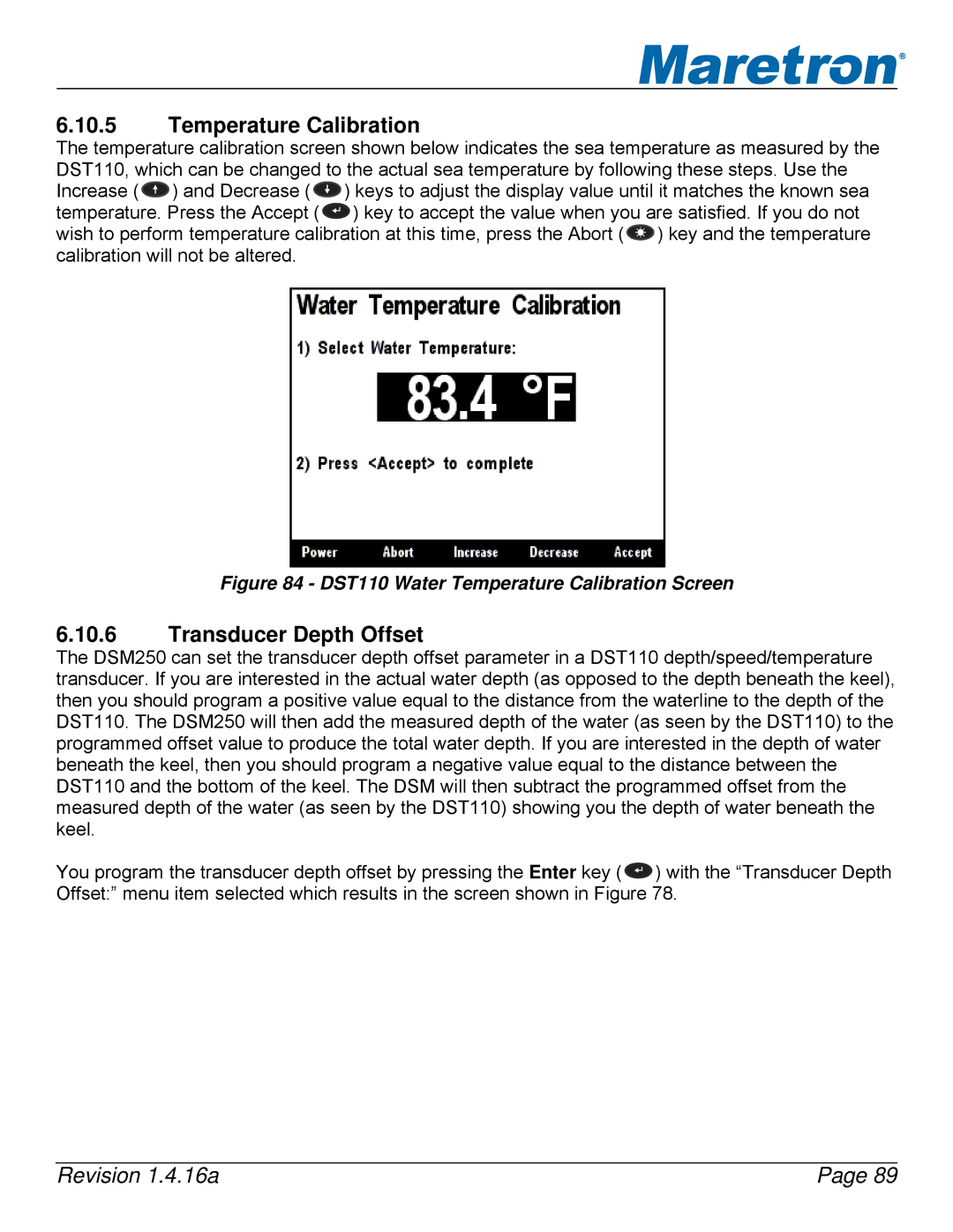 Maretron DSM250-01 user manual DST110 Water Temperature Calibration Screen 