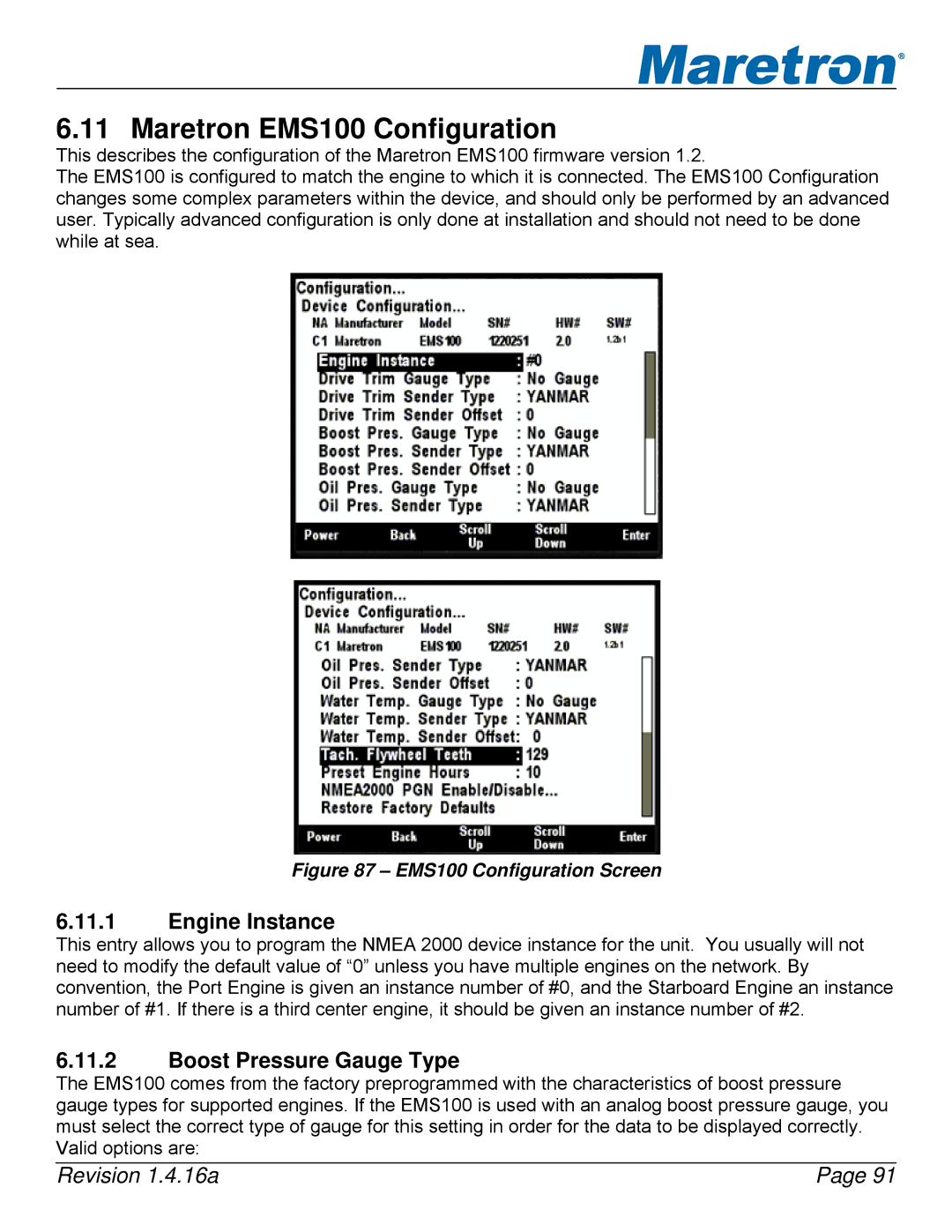 Maretron DSM250-01 user manual Maretron EMS100 Configuration, Engine Instance, Boost Pressure Gauge Type 