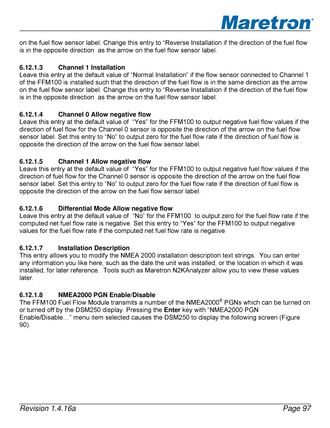 Maretron DSM250-01 user manual Channel 1 Installation, Channel 0 Allow negative flow, Channel 1 Allow negative flow 