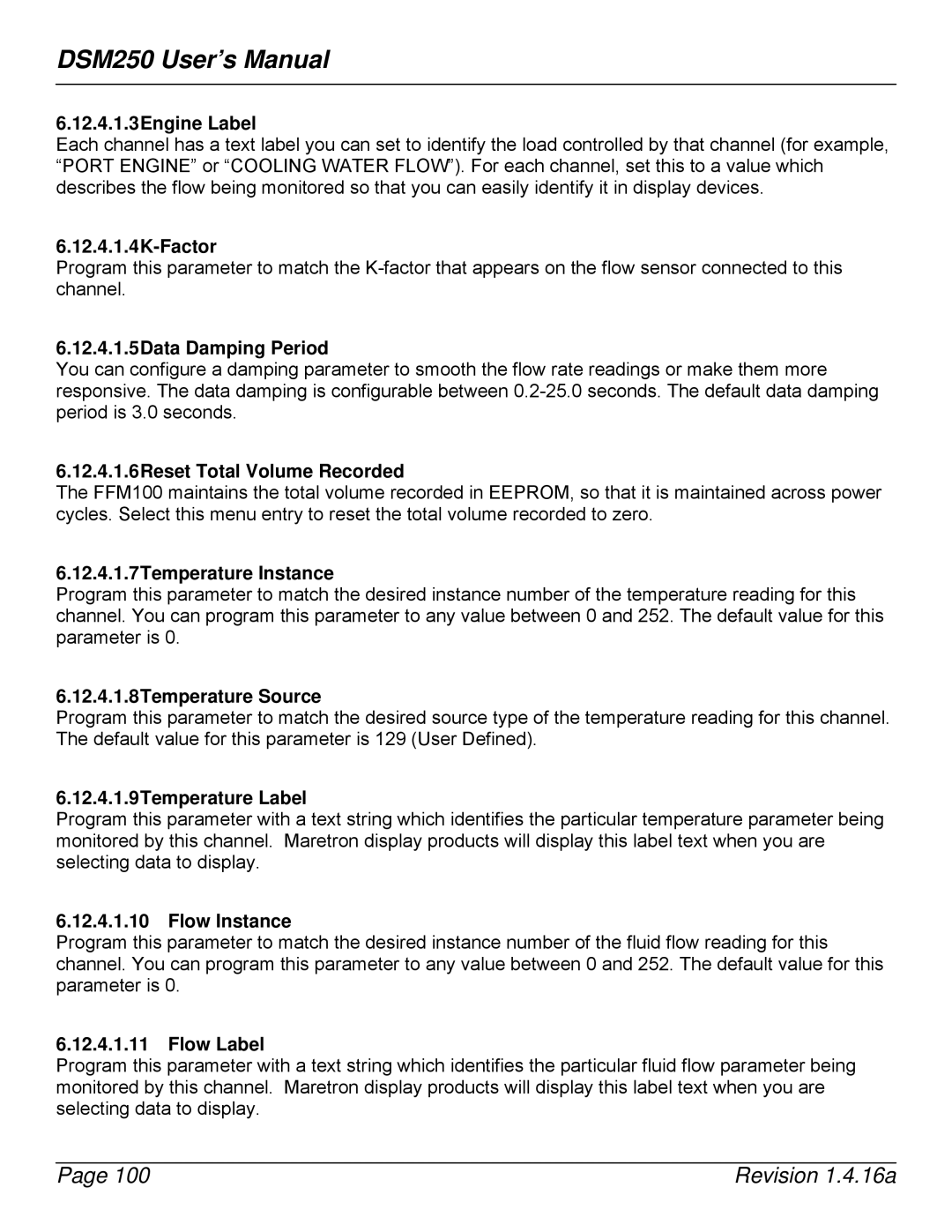 Maretron DSM250-01 12.4.1.3Engine Label, 12.4.1.4K-Factor, 12.4.1.5Data Damping Period, 12.4.1.7Temperature Instance 