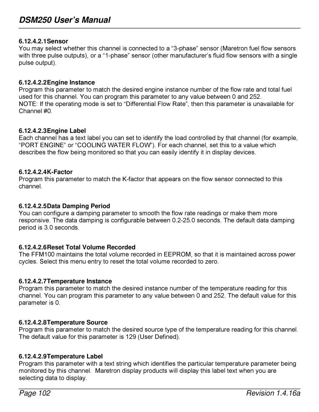 Maretron DSM250-01 user manual 12.4.2.1Sensor, 12.4.2.2Engine Instance, 12.4.2.3Engine Label, 12.4.2.4K-Factor 