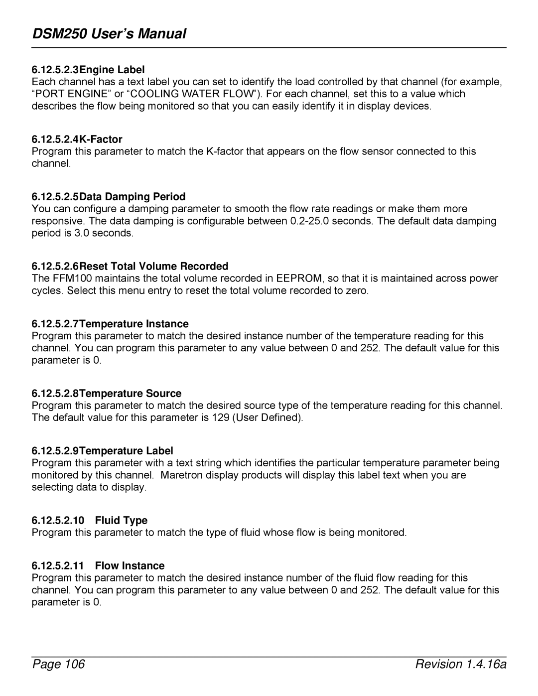 Maretron DSM250-01 12.5.2.3Engine Label, 12.5.2.4K-Factor, 12.5.2.5Data Damping Period, 12.5.2.7Temperature Instance 