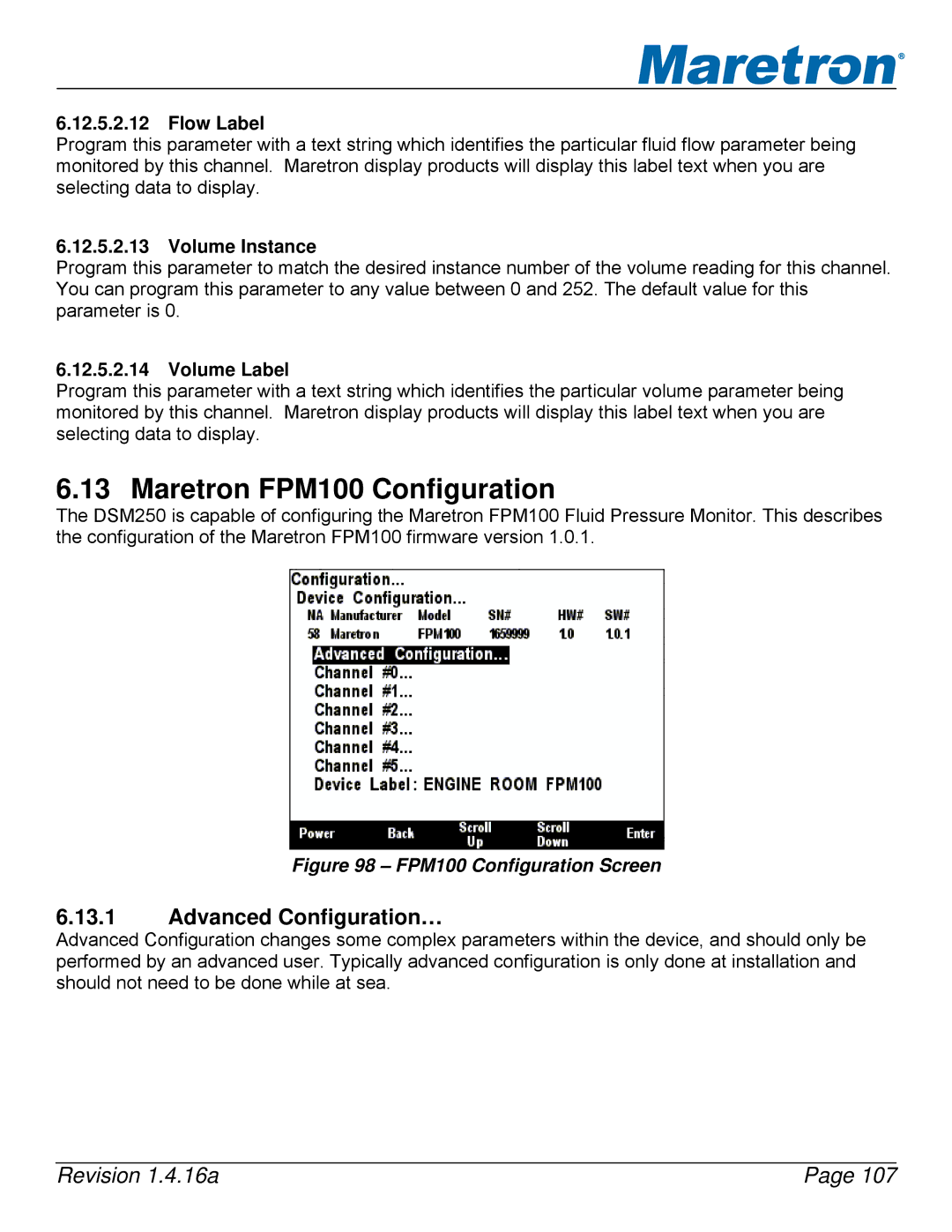 Maretron DSM250-01 user manual Maretron FPM100 Configuration, Advanced Configuration… 