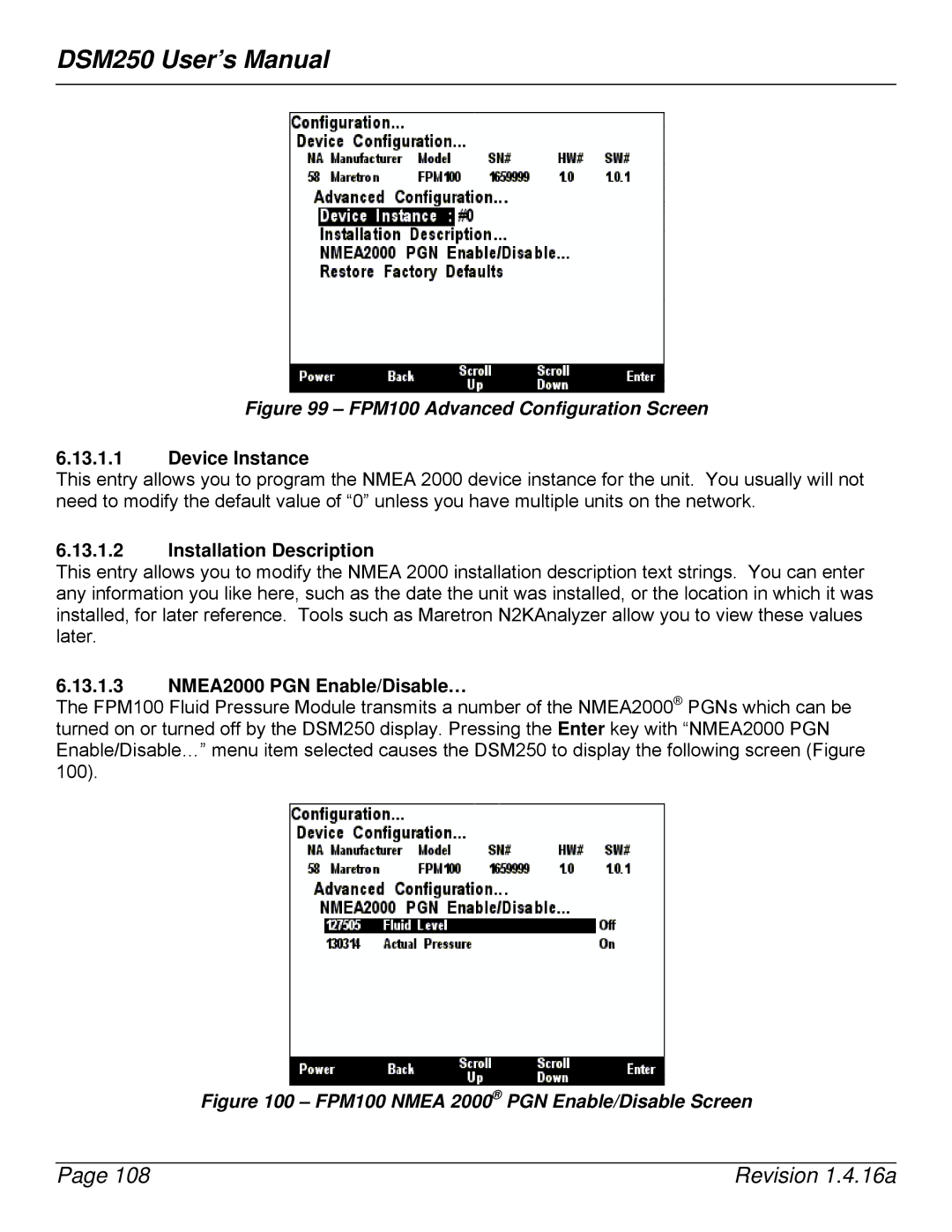 Maretron DSM250-01 user manual FPM100 Advanced Configuration Screen, NMEA2000 PGN Enable/Disable… 