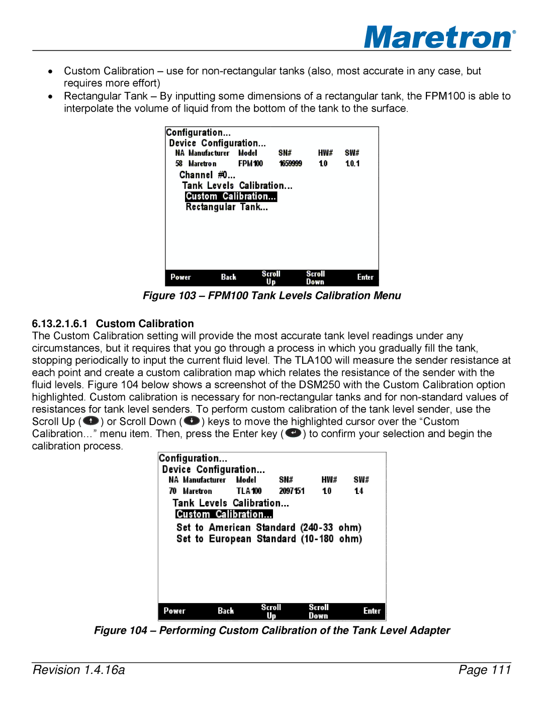 Maretron DSM250-01 user manual FPM100 Tank Levels Calibration Menu, Custom Calibration 