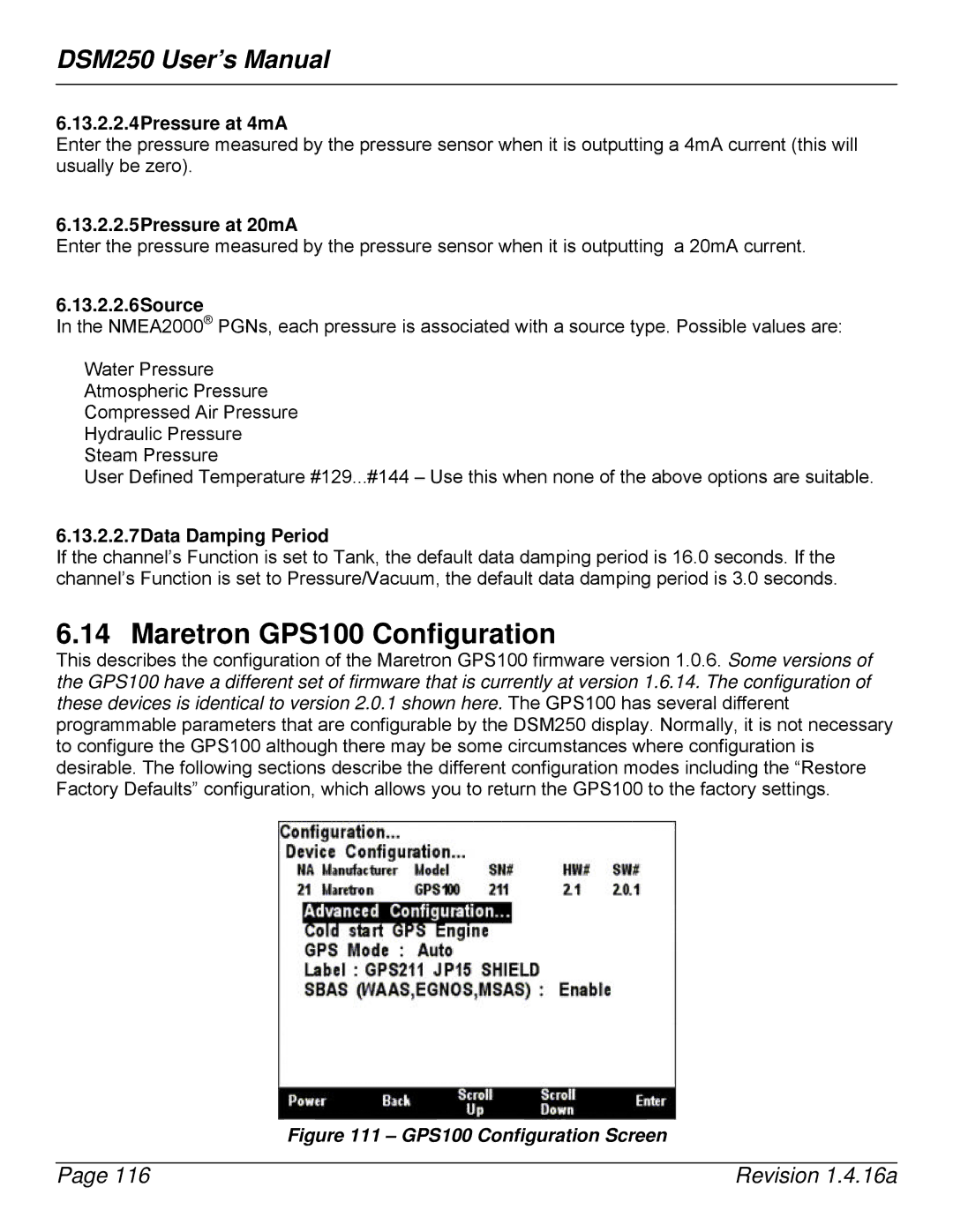 Maretron DSM250-01 Maretron GPS100 Configuration, 13.2.2.4Pressure at 4mA, 13.2.2.5Pressure at 20mA, 13.2.2.6Source 