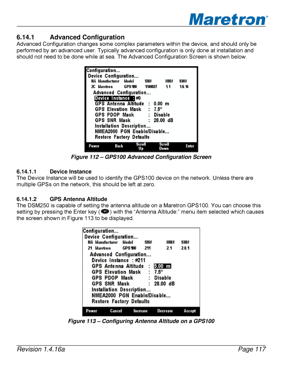 Maretron DSM250-01 user manual GPS100 Advanced Configuration Screen, GPS Antenna Altitude 