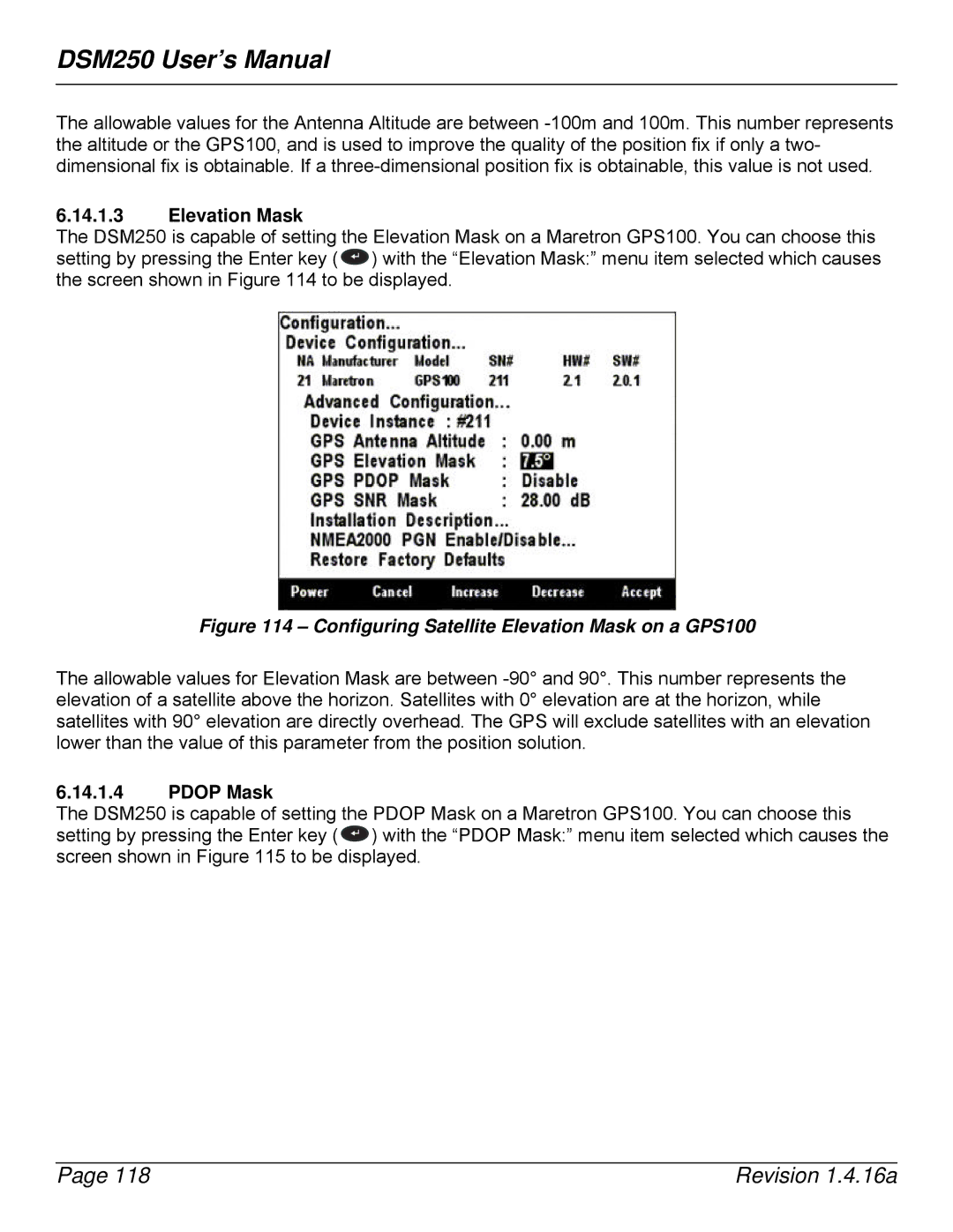 Maretron DSM250-01 user manual Elevation Mask, Pdop Mask 