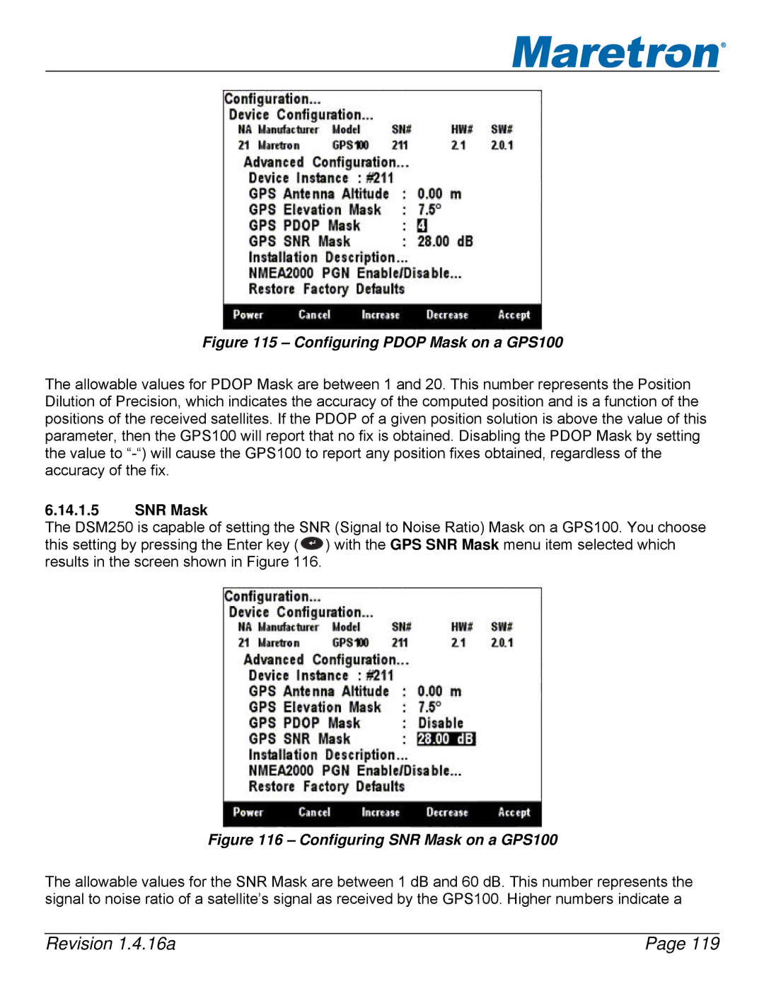 Maretron DSM250-01 user manual Configuring Pdop Mask on a GPS100, SNR Mask 