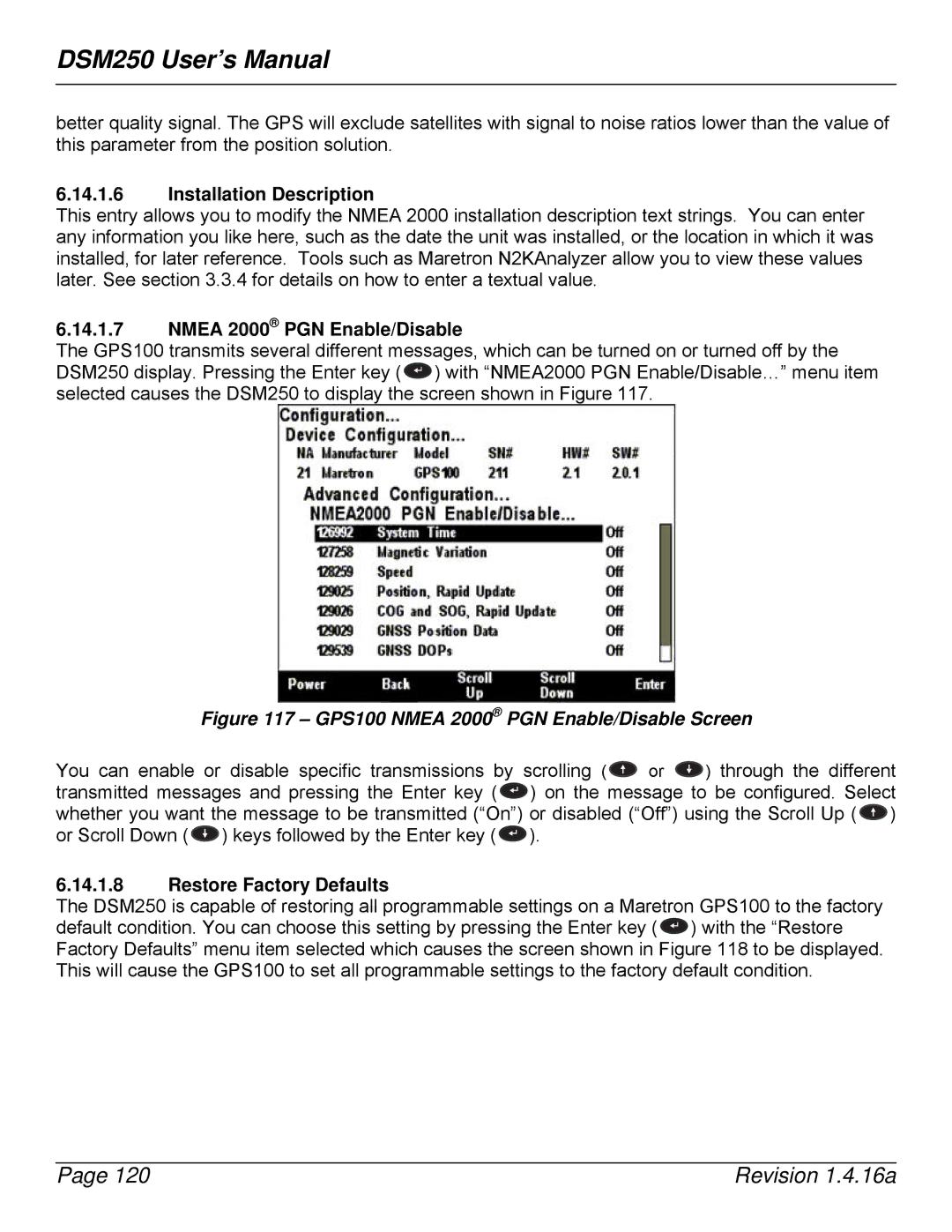 Maretron DSM250-01 user manual GPS100 Nmea 2000 PGN Enable/Disable Screen 