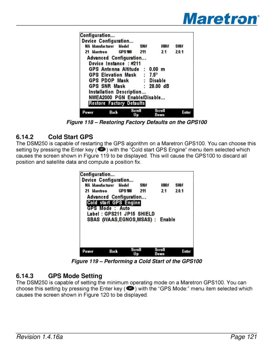 Maretron DSM250-01 user manual Cold Start GPS, GPS Mode Setting 