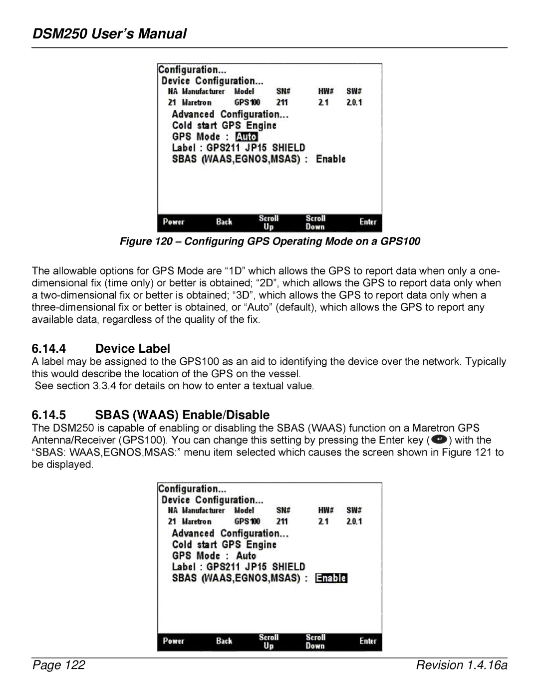 Maretron DSM250-01 user manual Sbas Waas Enable/Disable, Configuring GPS Operating Mode on a GPS100 