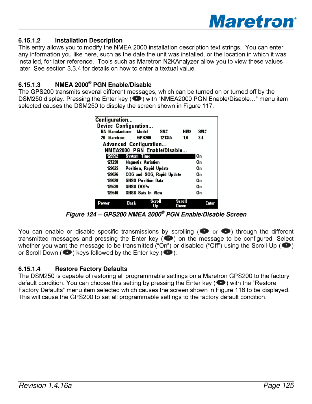 Maretron DSM250-01 user manual GPS200 Nmea 2000 PGN Enable/Disable Screen 