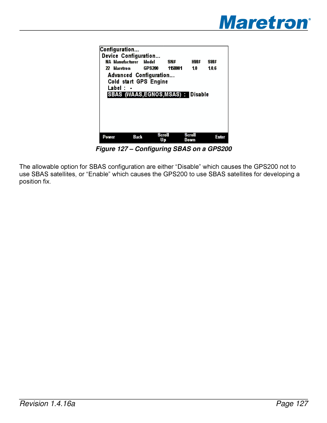 Maretron DSM250-01 user manual Configuring Sbas on a GPS200 