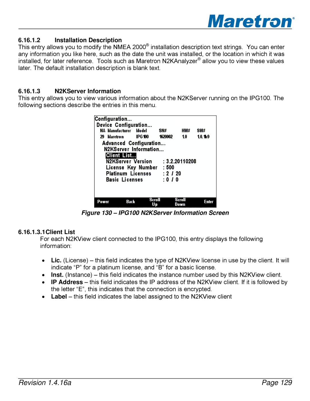 Maretron DSM250-01 user manual 16.1.3 N2KServer Information, 16.1.3.1Client List 