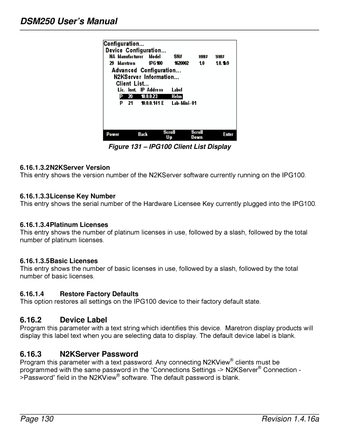 Maretron DSM250-01 16.3 N2KServer Password, 16.1.3.2N2KServer Version, 16.1.3.3License Key Number, 16.1.3.5Basic Licenses 