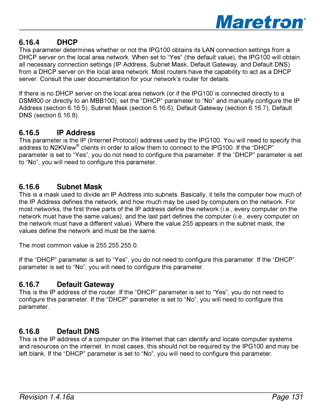 Maretron DSM250-01 user manual Dhcp, IP Address, Subnet Mask, Default Gateway, Default DNS 