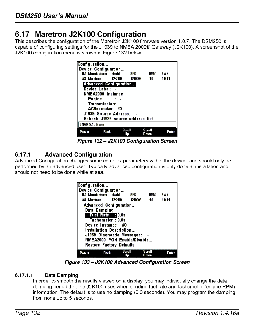 Maretron DSM250-01 user manual Maretron J2K100 Configuration, Data Damping 