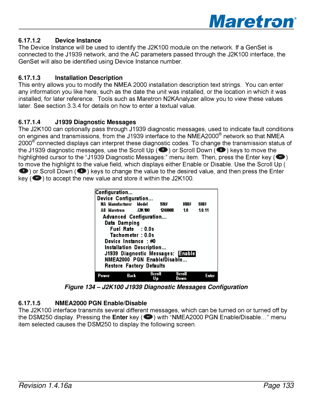 Maretron DSM250-01 user manual 17.1.4 J1939 Diagnostic Messages, J2K100 J1939 Diagnostic Messages Configuration 