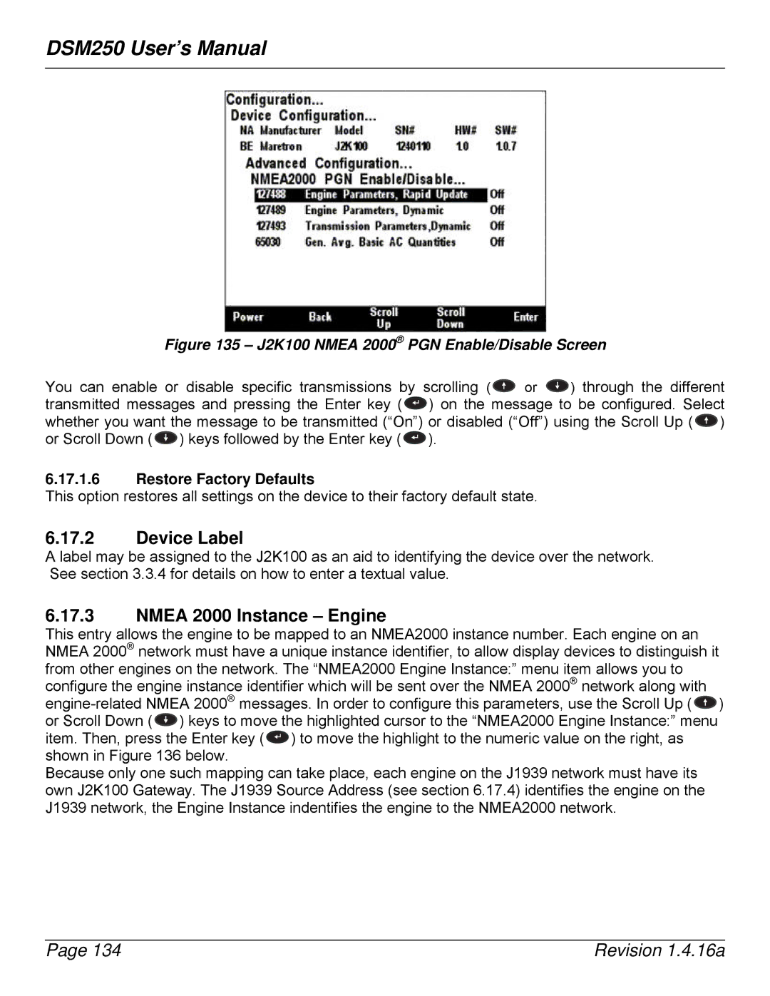 Maretron DSM250-01 user manual Nmea 2000 Instance Engine, J2K100 Nmea 2000 PGN Enable/Disable Screen 