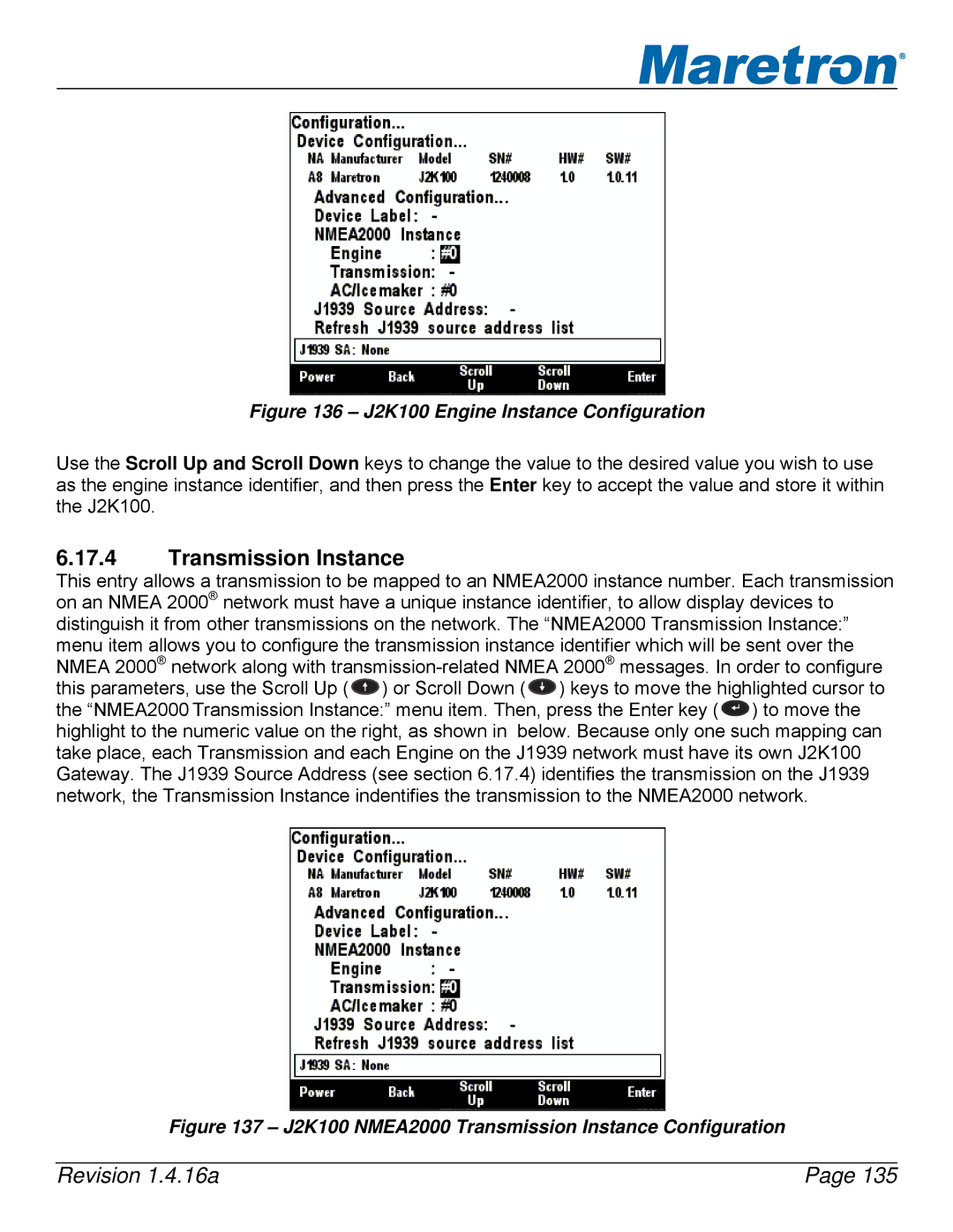 Maretron DSM250-01 user manual Transmission Instance, J2K100 Engine Instance Configuration 