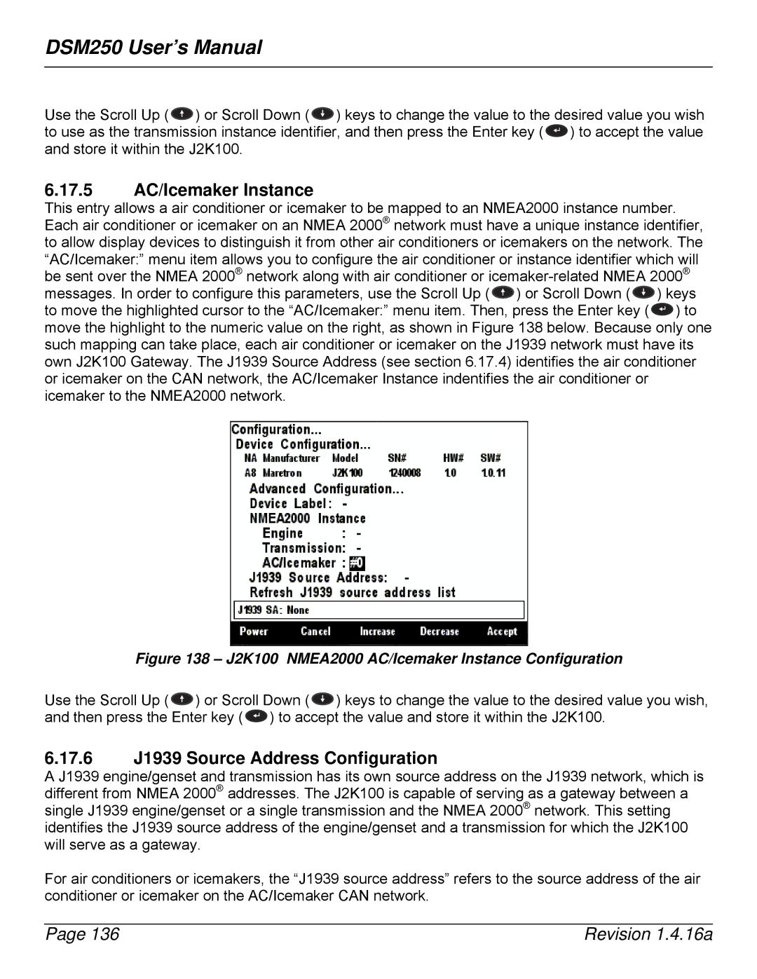 Maretron DSM250-01 user manual 17.5 AC/Icemaker Instance, 17.6 J1939 Source Address Configuration 