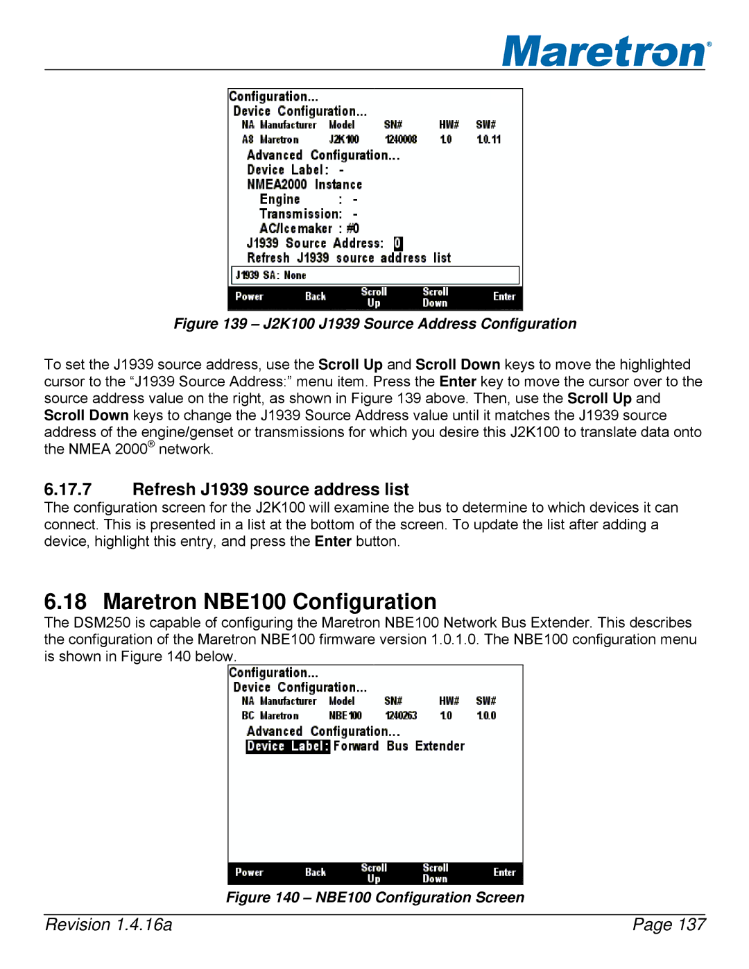 Maretron DSM250-01 user manual Maretron NBE100 Configuration, Refresh J1939 source address list 