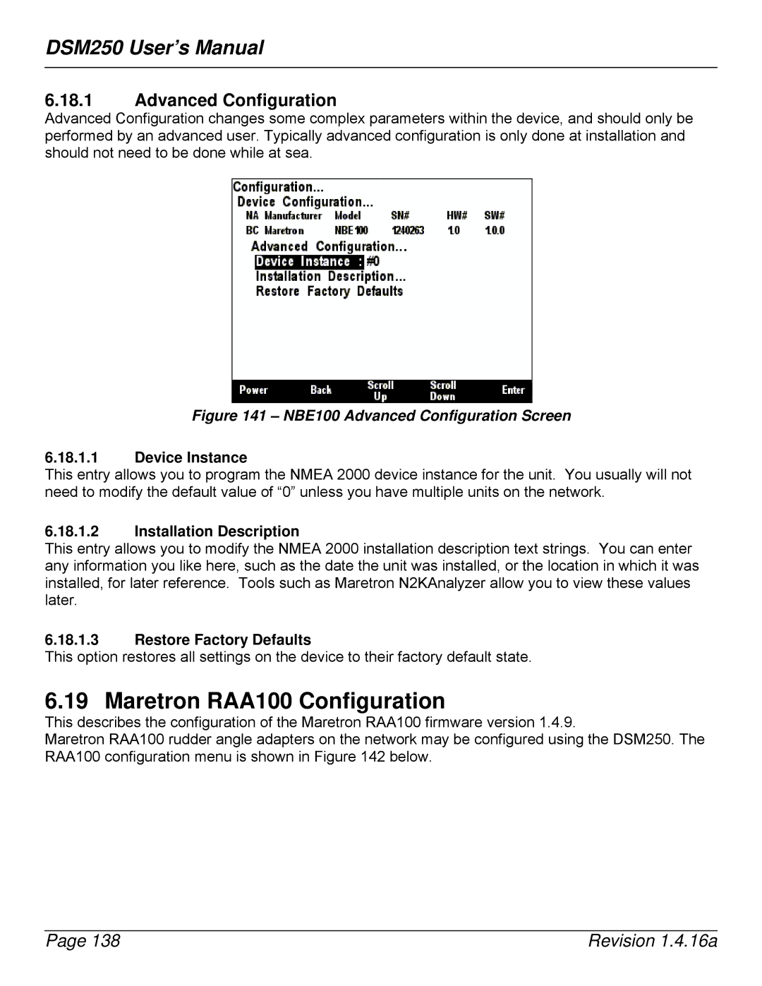 Maretron DSM250-01 user manual Maretron RAA100 Configuration, NBE100 Advanced Configuration Screen 