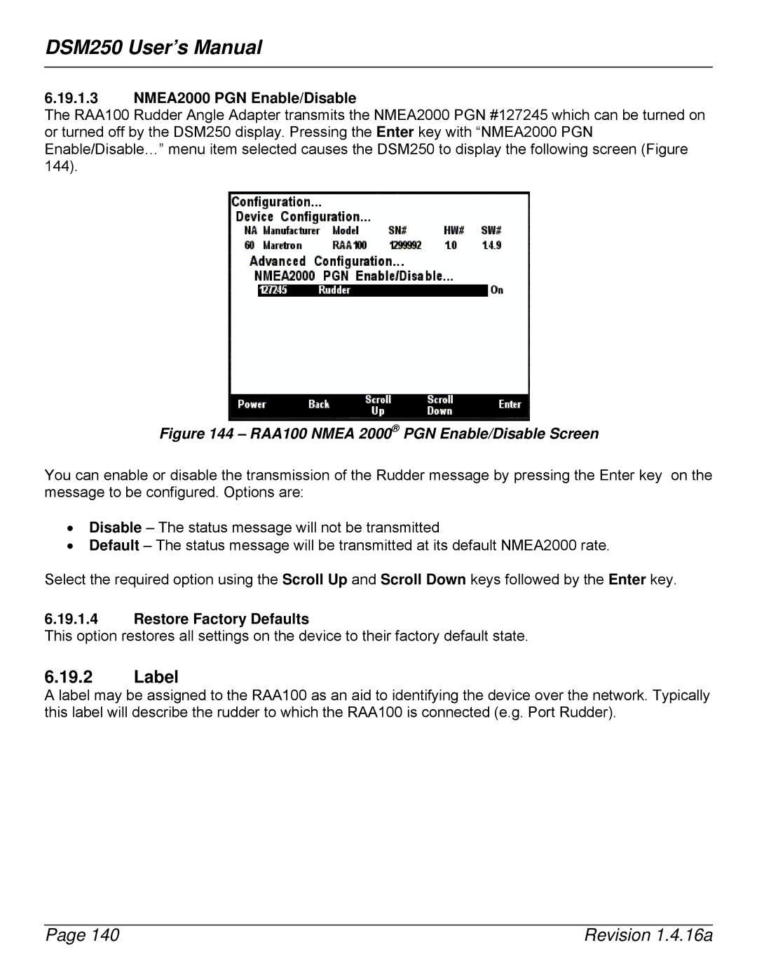 Maretron DSM250-01 user manual RAA100 Nmea 2000 PGN Enable/Disable Screen 