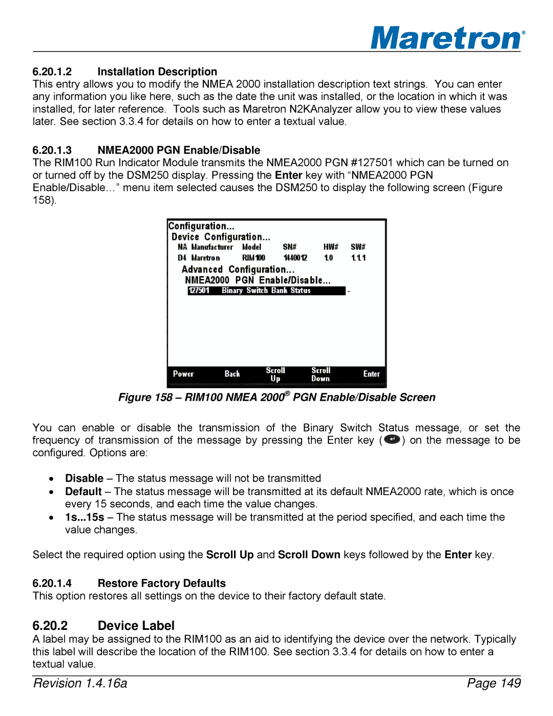 Maretron DSM250-01 user manual RIM100 Nmea 2000 PGN Enable/Disable Screen 